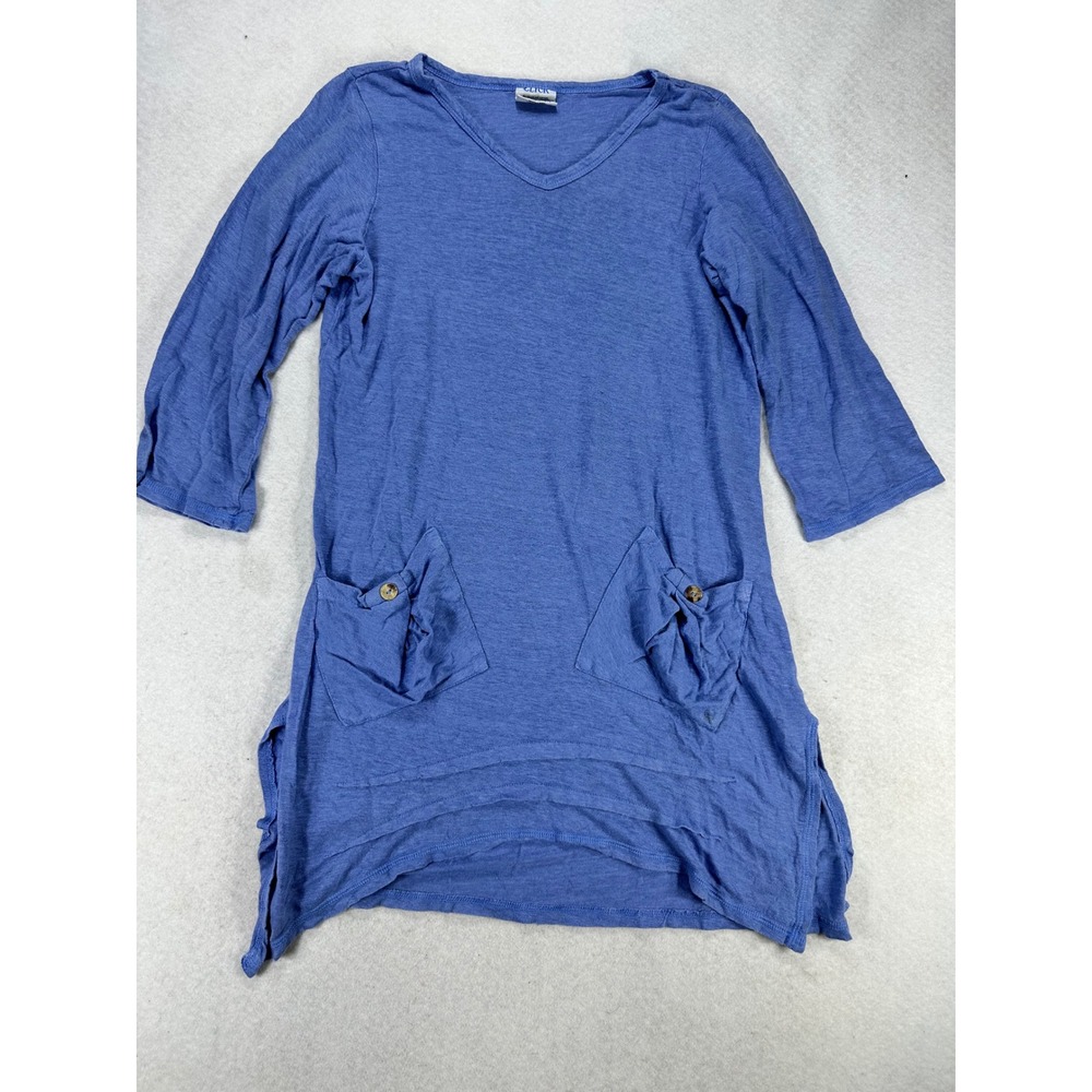 Click by Color Me Cotton Blue 100% Linen Tunic V-Neck Pocket Top Small USA Made
